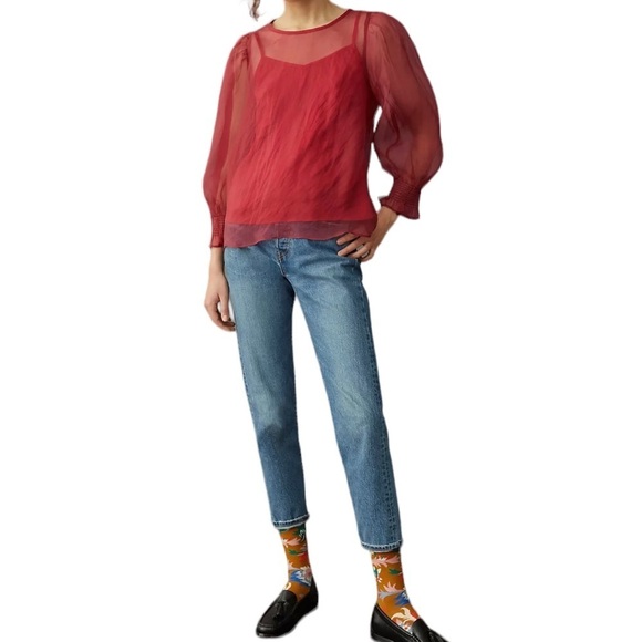 Anthropologie Eva Franco Silk Organza Deep Red Sheer Blouse Balloon Sleeves Sz M - Picture 1 of 12